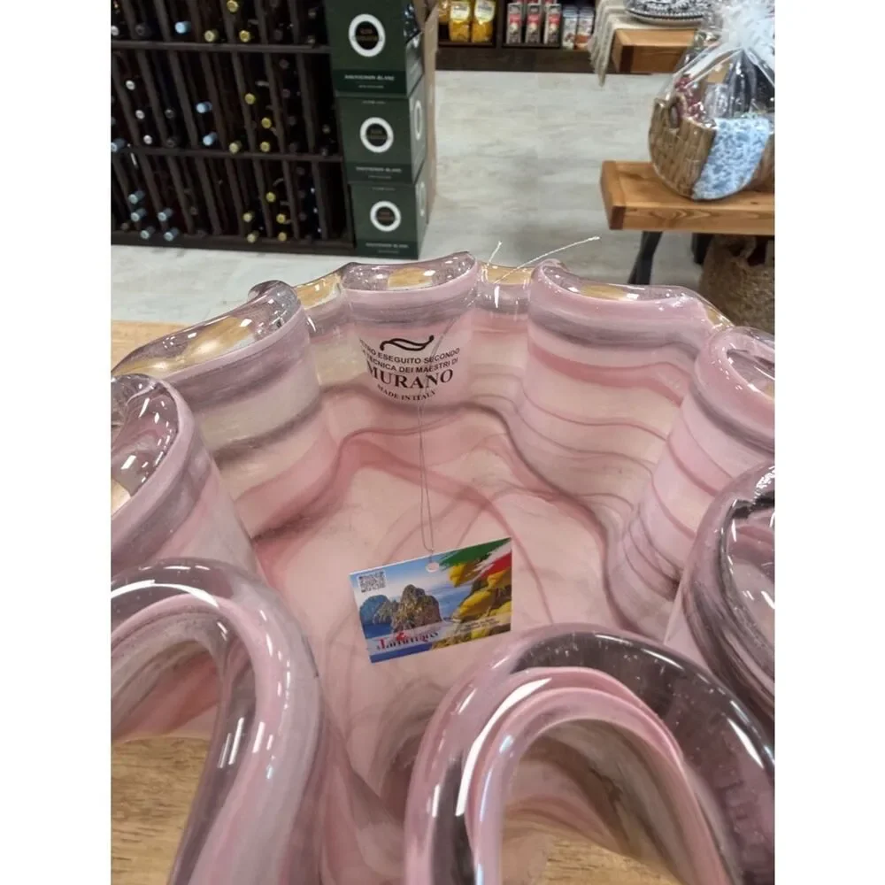 Murano Vintage Italian Pink Swirl Glass Vase- Handkerchief Style Rim